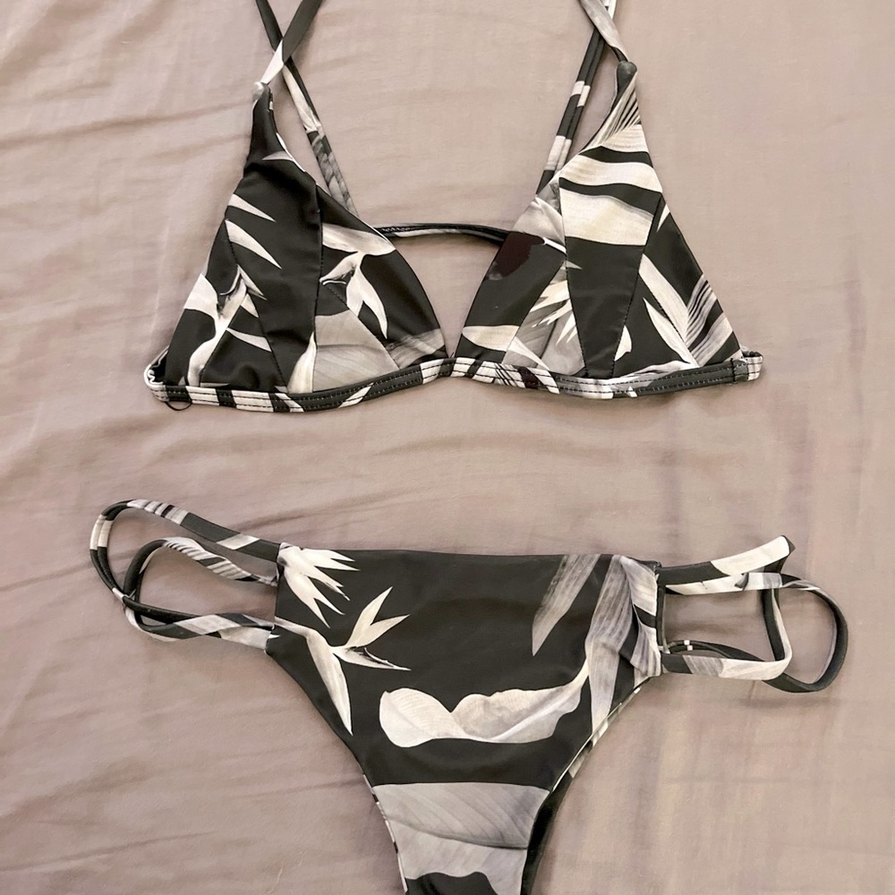 Stone fox swim bikini with gray palm print | XS